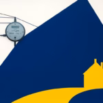 Suprematist abstract painting by Kazimir Malevich featuring a sleek electric meter and branching power lines connecting to a quaint rural house silhouette. Minimalist composition of bold navy blue and vibrant yellow geometric shapes on a stark white background. Flat textures, sharp edges, avant-garde electrical concept. No humans, no text.