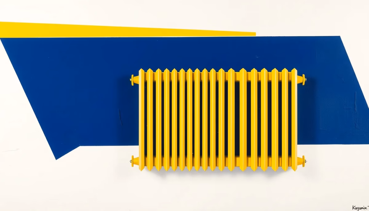 Suprematist abstract painting by Kazimir Malevich featuring a modern electric radiator with minimalist geometric shapes. Minimalist composition of bold navy blue and vibrant yellow geometric shapes on a stark white background. Flat textures, sharp edges, avant-garde electrical concept. ##no humans##, ##no text##.