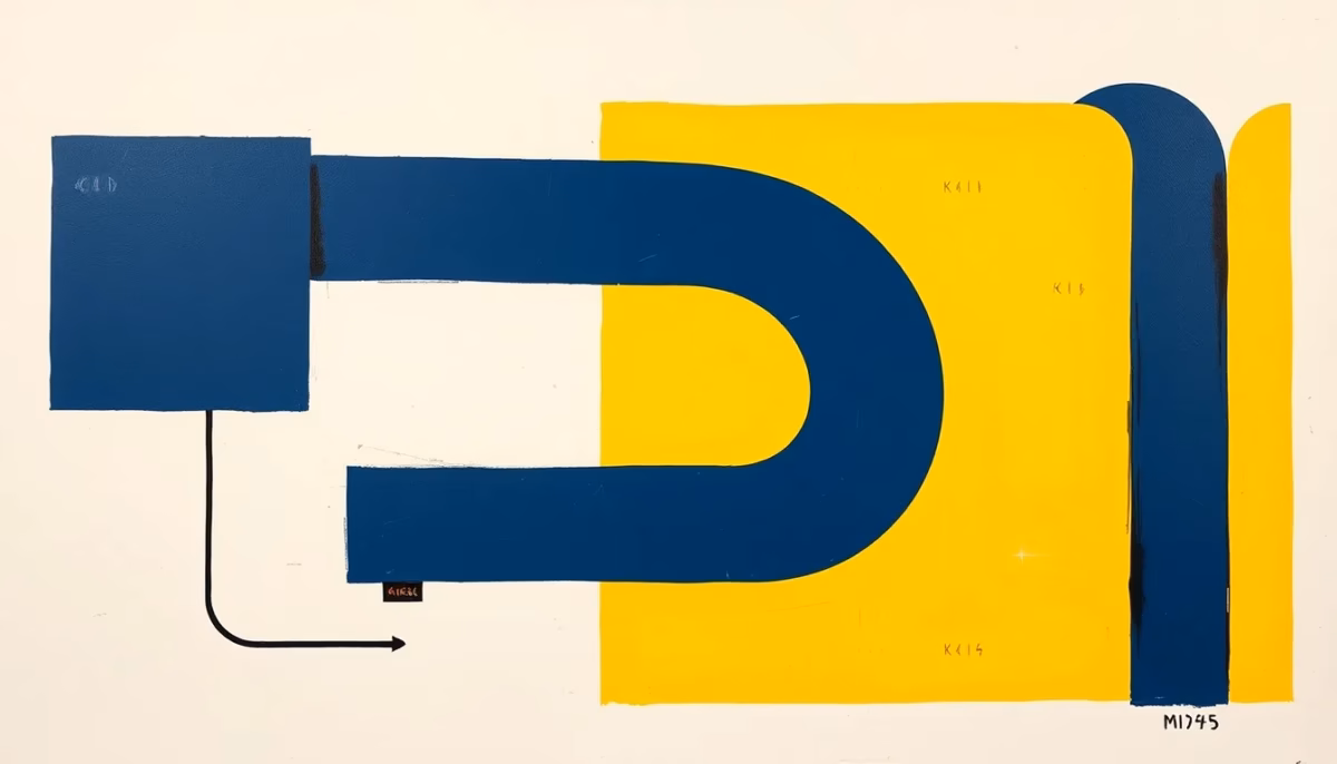Suprematist abstract painting by Kazimir Malevich featuring a geothermal pipe system and electric heating elements. Minimalist composition of bold navy blue and vibrant yellow geometric shapes on a stark white background. Flat textures, sharp edges, avant-garde electrical concept. ##no humans##, ##no text##.