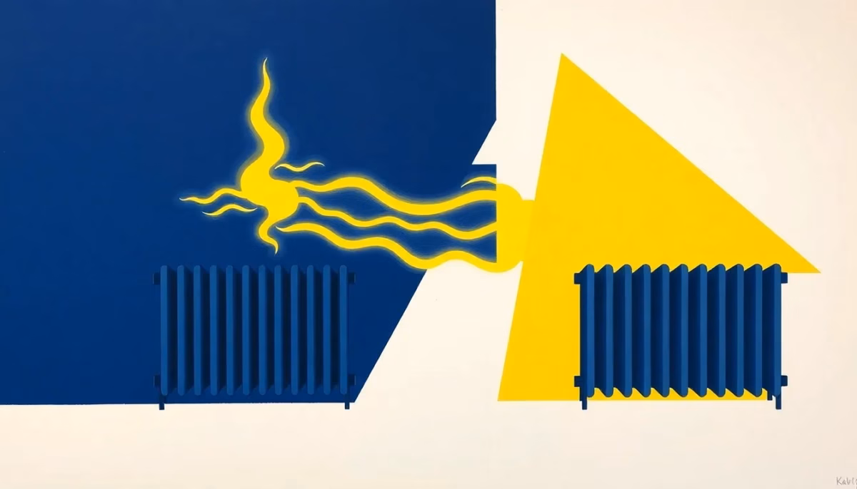 Suprematist abstract painting in the style of Kazimir Malevich featuring electric heating radiators and glowing geometric heat waves. Minimalist composition of bold navy blue and vibrant yellow geometric shapes on a stark white background. Flat textures, sharp edges, avant-garde electrical heating concept. No humans, no text overlay.