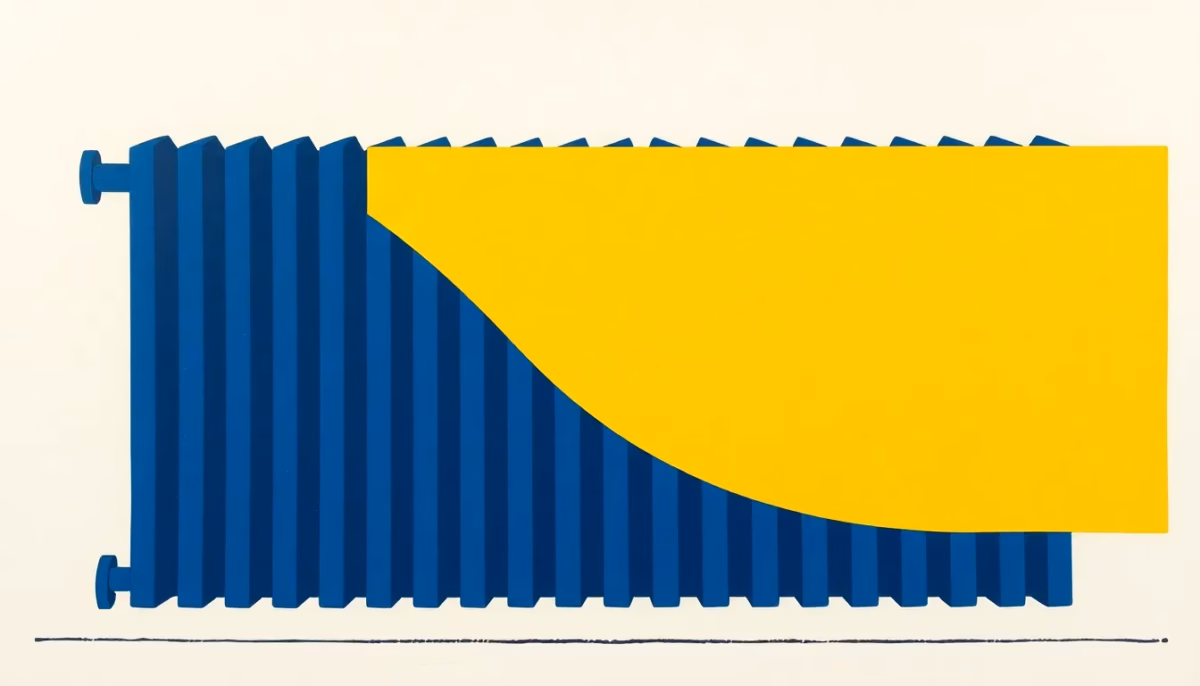 Suprematist abstract painting by Kazimir Malevich featuring a minimalist electric radiator with geometric heat waves. Minimalist composition of bold navy blue and vibrant yellow geometric shapes on a stark white background. Flat textures, sharp edges, avant-garde electrical concept. No humans, no text.