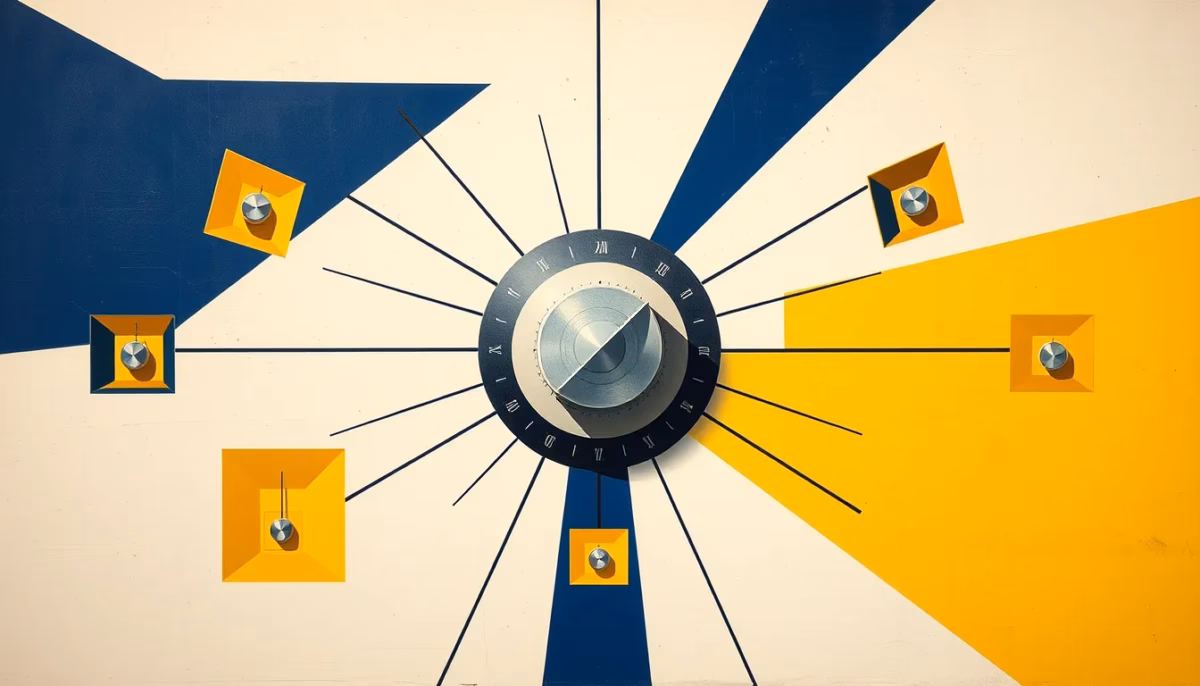 Suprematist abstract painting by Kazimir Malevich featuring a central geometric thermostat dial surrounded by radiating lines connecting to smaller square rooms, each with its own miniature thermostat. Minimalist composition of bold navy blue and vibrant yellow geometric shapes on a stark white background. Flat textures, sharp edges, avant-garde electrical concept. ##no humans##, ##no text##.