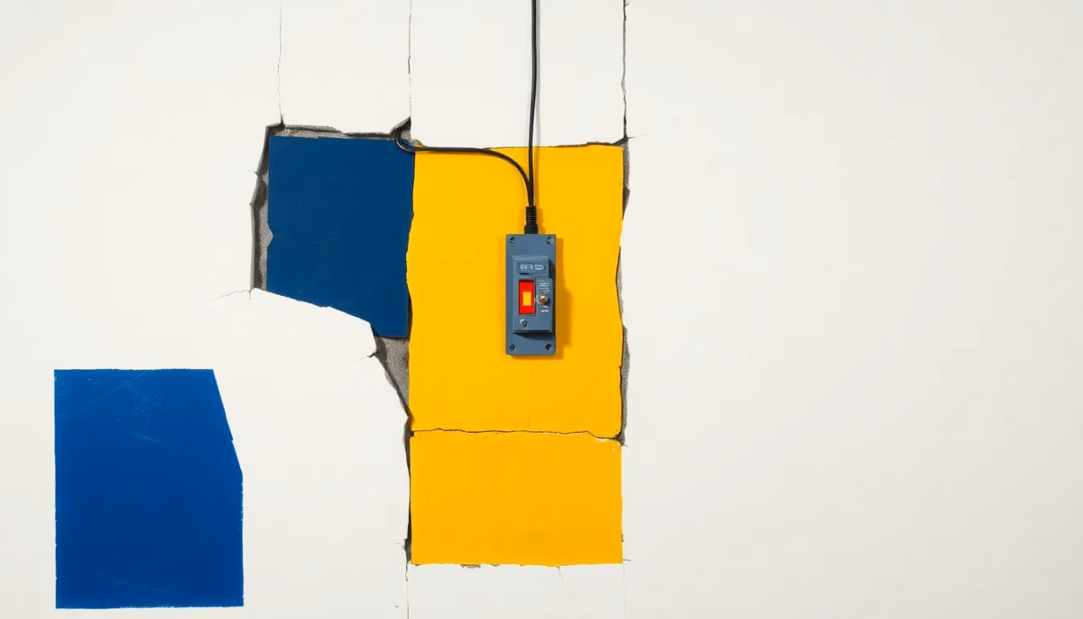 Suprematist abstract painting by Kazimir Malevich featuring a fragmented stone wall with exposed colorful wires and a glowing circuit breaker. Minimalist composition of bold navy blue and vibrant yellow geometric shapes on a stark white background. Flat textures, sharp edges, avant-garde electrical concept. No humans, no text.