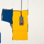 Suprematist abstract painting by Kazimir Malevich featuring a fragmented stone wall with exposed colorful wires and a glowing circuit breaker. Minimalist composition of bold navy blue and vibrant yellow geometric shapes on a stark white background. Flat textures, sharp edges, avant-garde electrical concept. No humans, no text.