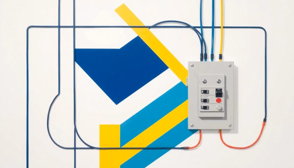 Suprematist abstract painting by Kazimir Malevich featuring a complex network of colored electrical wires and a modern circuit breaker panel. Minimalist composition of bold navy blue and vibrant yellow geometric shapes on a stark white background. Flat textures, sharp edges, avant-garde electrical concept. No humans, no text.