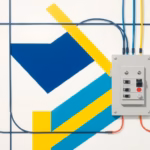 Suprematist abstract painting by Kazimir Malevich featuring a complex network of colored electrical wires and a modern circuit breaker panel. Minimalist composition of bold navy blue and vibrant yellow geometric shapes on a stark white background. Flat textures, sharp edges, avant-garde electrical concept. No humans, no text.