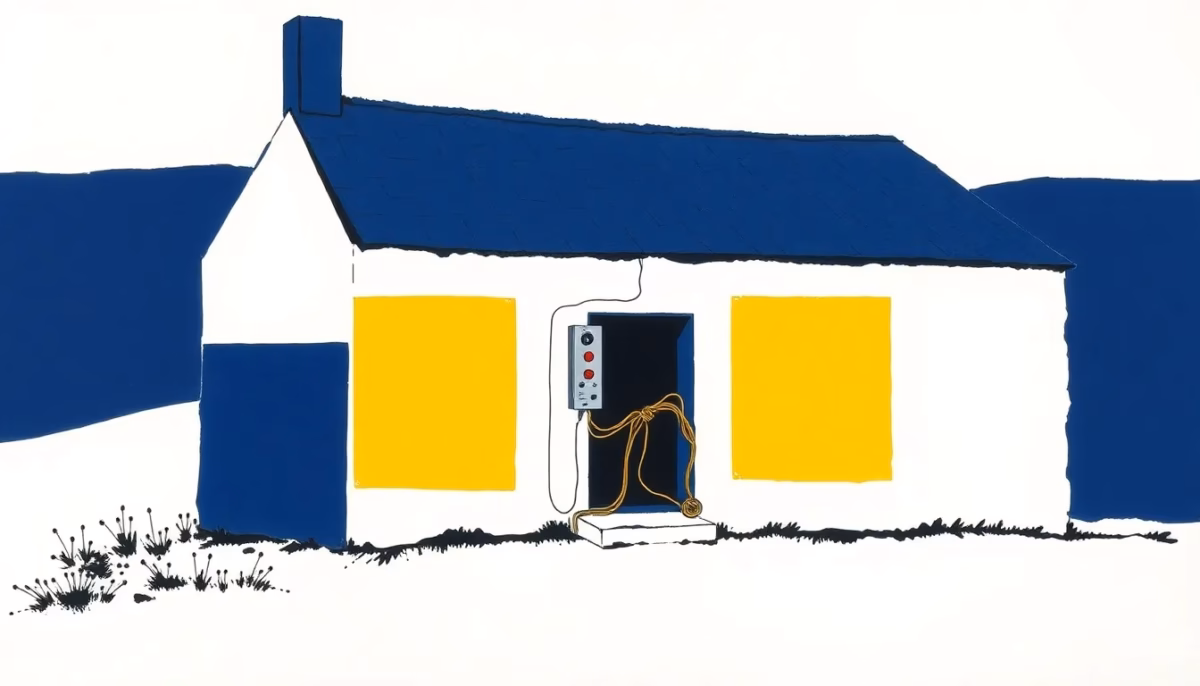 Suprematist abstract painting by Kazimir Malevich featuring an ancient stone farmhouse with a modern electrical panel being installed. Minimalist composition of bold navy blue and vibrant yellow geometric shapes on a stark white background. Flat textures, sharp edges, avant-garde electrical concept. ##no humans##, ##no text##.