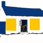 Suprematist abstract painting by Kazimir Malevich featuring an ancient stone farmhouse with a modern electrical panel being installed. Minimalist composition of bold navy blue and vibrant yellow geometric shapes on a stark white background. Flat textures, sharp edges, avant-garde electrical concept. ##no humans##, ##no text##.