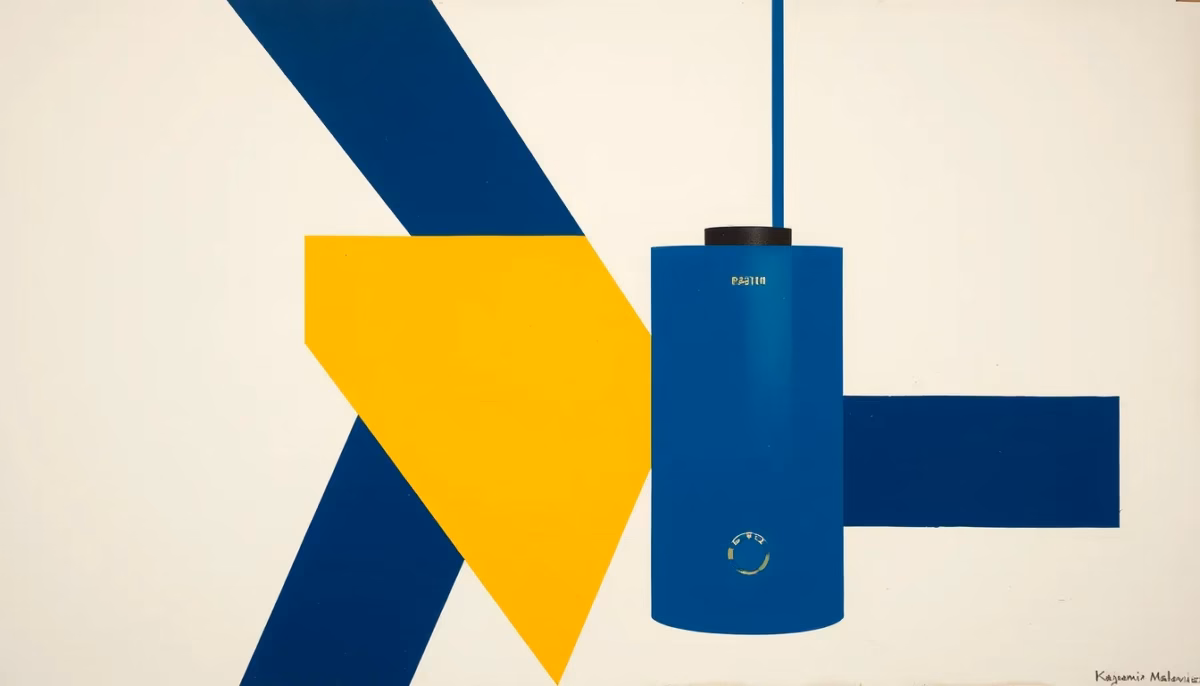 Suprematist abstract painting by Kazimir Malevich featuring a water heater represented by geometric forms. Minimalist composition of bold navy blue and vibrant yellow geometric shapes on a stark white background. Flat textures, sharp edges, avant-garde electrical concept. No humans, no text.