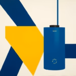 Suprematist abstract painting by Kazimir Malevich featuring a water heater represented by geometric forms. Minimalist composition of bold navy blue and vibrant yellow geometric shapes on a stark white background. Flat textures, sharp edges, avant-garde electrical concept. No humans, no text.