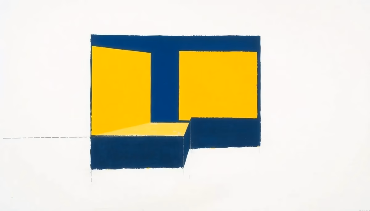 Suprematist abstract painting by Kazimir Malevich featuring a cross-section of a house wall showing the ground and foundation. Minimalist composition of bold navy blue and vibrant yellow geometric shapes on a stark white background. Flat textures, sharp edges, avant-garde electrical concept. No humans, no text.
