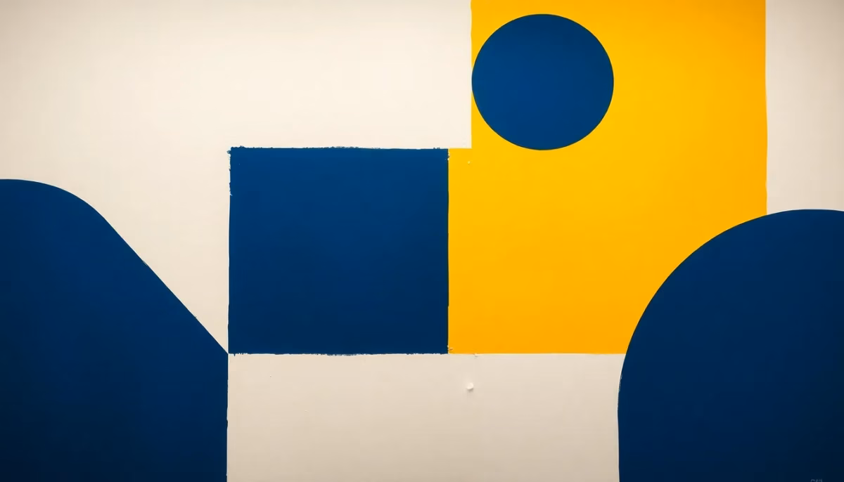 Suprematist abstract painting by Kazimir Malevich featuring flickering LED ceiling panels. Minimalist composition of bold navy blue and vibrant yellow geometric shapes on a stark white background. Flat textures, sharp edges, avant-garde electrical concept. No humans, no text.