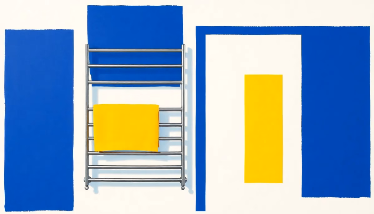 Suprematist abstract painting in the style of Kazimir Malevich featuring a vertical towel radiator with horizontal bars warming a bathroom, geometric towel rectangles floating in space around the appliance. Minimalist composition of bold navy blue and vibrant yellow geometric shapes on a stark white background. Flat textures, sharp edges, avant-garde electrical concept. No humans, no text overlay.