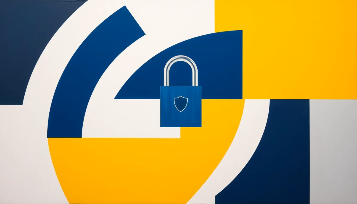 Suprematist abstract painting by Kazimir Malevich featuring a futuristic smart lock with a subtle shield icon integrated into the geometric composition. Minimalist composition of bold navy blue and vibrant yellow geometric shapes on a stark white background. Flat textures, sharp edges, avant-garde electrical concept. ##no humans##, ##no text##.