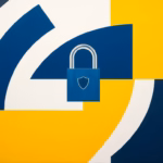 Suprematist abstract painting by Kazimir Malevich featuring a futuristic smart lock with a subtle shield icon integrated into the geometric composition. Minimalist composition of bold navy blue and vibrant yellow geometric shapes on a stark white background. Flat textures, sharp edges, avant-garde electrical concept. ##no humans##, ##no text##.
