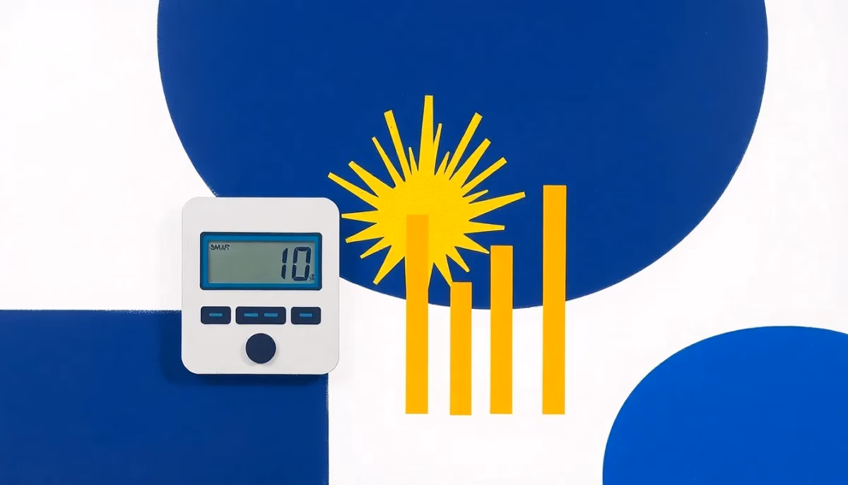 Suprematist abstract painting in the style of Kazimir Malevich featuring a modern smart electricity meter and a soaring upward arrow with a bar chart symbolizing an exploding electricity bill. Minimalist composition of bold navy blue and vibrant yellow geometric shapes on a stark white background. Flat textures, sharp edges, avant-garde electrical concept, clean flat design. No humans, no text overlay, no words or letters.