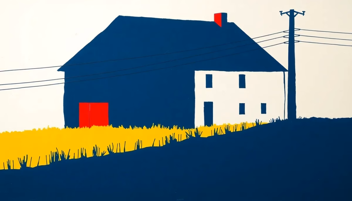 Suprematist abstract painting by Kazimir Malevich featuring a rural French farmhouse with visible electrical utility lines and a modern electrical panel in the foreground. Minimalist composition of bold navy blue and vibrant yellow geometric shapes on a stark white background. Flat textures, sharp edges, avant-garde electrical concept, no humans, no text.