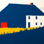 Suprematist abstract painting by Kazimir Malevich featuring a rural French farmhouse with visible electrical utility lines and a modern electrical panel in the foreground. Minimalist composition of bold navy blue and vibrant yellow geometric shapes on a stark white background. Flat textures, sharp edges, avant-garde electrical concept, no humans, no text.