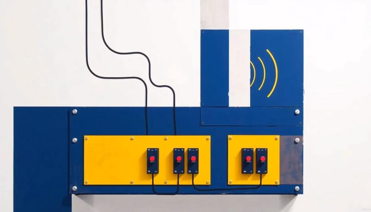 Suprematist abstract painting by Kazimir Malevich featuring a vintage electrical panel with exposed wires and circuit breakers emitting sound waves. Minimalist composition of bold navy blue and vibrant yellow geometric shapes on a stark white background. Flat textures, sharp edges, avant-garde electrical concept. ##no humans##, ##no text##.