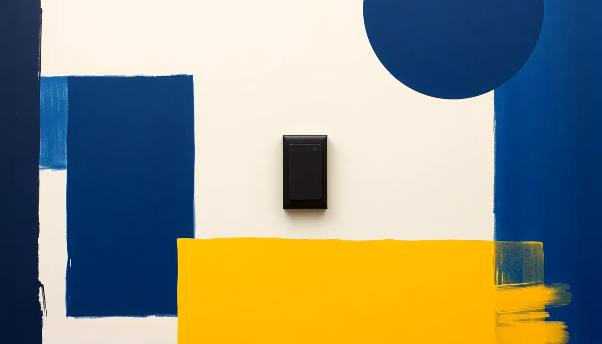 A close-up photograph of a modern modular electrical relay switch (telerupteur) from Legrand, mounted on a DIN rail inside an open electrical panel. The device is navy blue and white, clearly visible with its terminals and lever. The background shows other electrical modules slightly blurred, with a professional and clean look. Soft, even lighting, realistic textures, no people, no text or watermark.