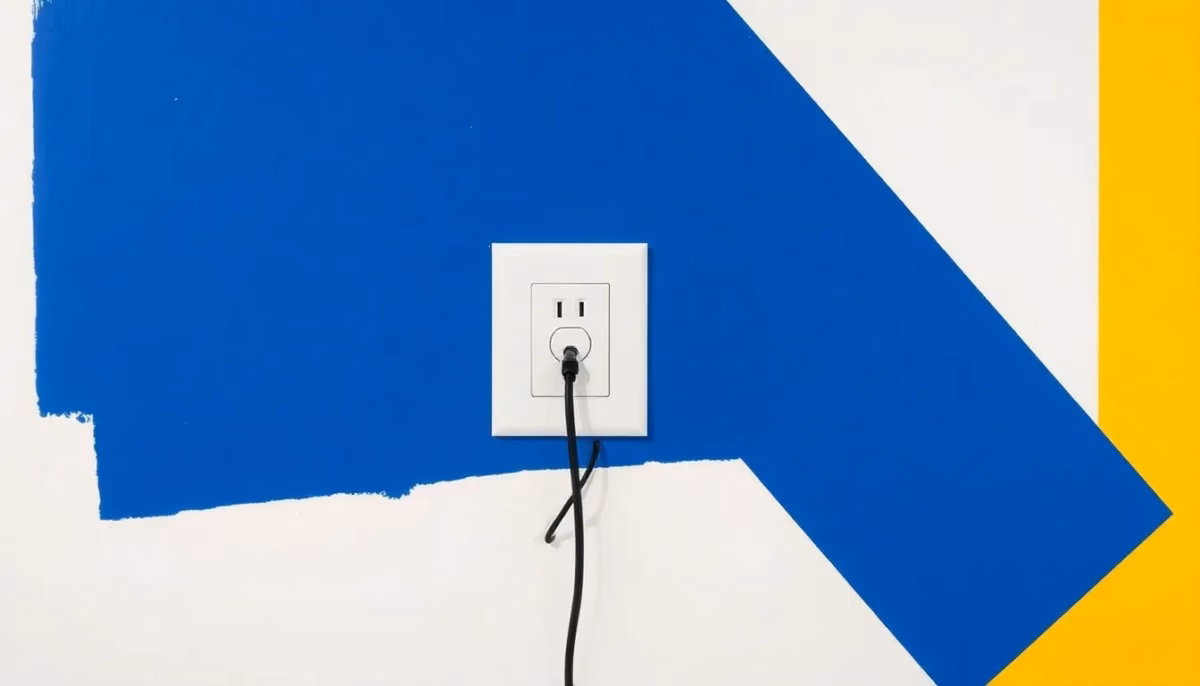 Suprematist abstract painting by Kazimir Malevich featuring a grounding rod and electrical outlet. Minimalist composition of bold navy blue and vibrant yellow geometric shapes on a stark white background. Flat textures, sharp edges, avant-garde electrical concept. No humans, no text.
