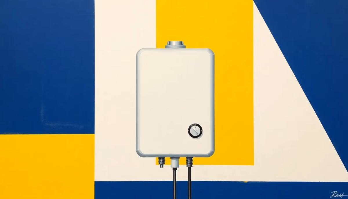 Suprematist abstract painting by Kazimir Malevich featuring a water heater appliance with visible electrical thermostat and resistance elements. Minimalist composition of bold navy blue and vibrant yellow geometric shapes on a stark white background. Flat textures, sharp edges, avant-garde electrical concept. ##no humans##, ##no text##.