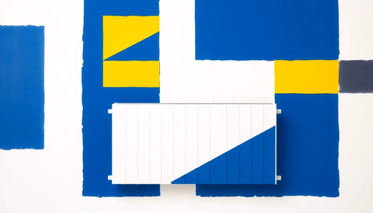 Suprematist abstract painting by Kazimir Malevich featuring a modern electric radiator with a smart thermostat interface. Minimalist composition of bold navy blue and vibrant yellow geometric shapes on a stark white background. Flat textures, sharp edges, avant-garde electrical concept. No humans, no text.