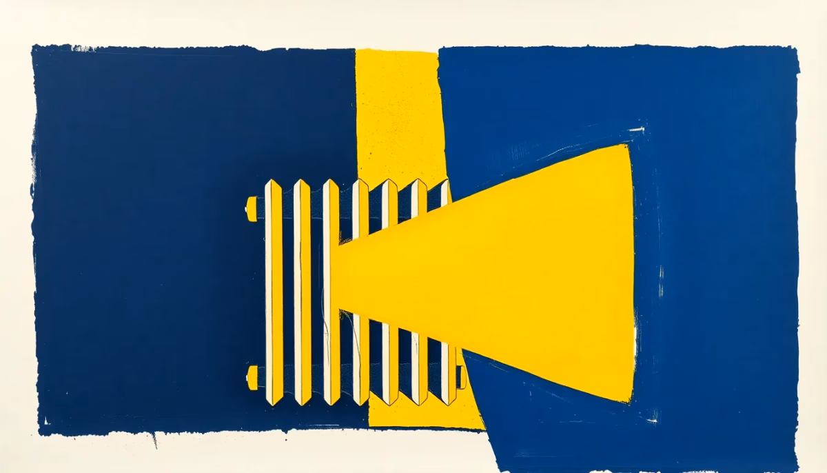 Suprematist abstract painting by Kazimir Malevich featuring a vintage electric radiator being transformed into a modern energy-efficient heater. Minimalist composition of bold navy blue and vibrant yellow geometric shapes on a stark white background. Flat textures, sharp edges, avant-garde electrical concept. ##no humans##, ##no text##.