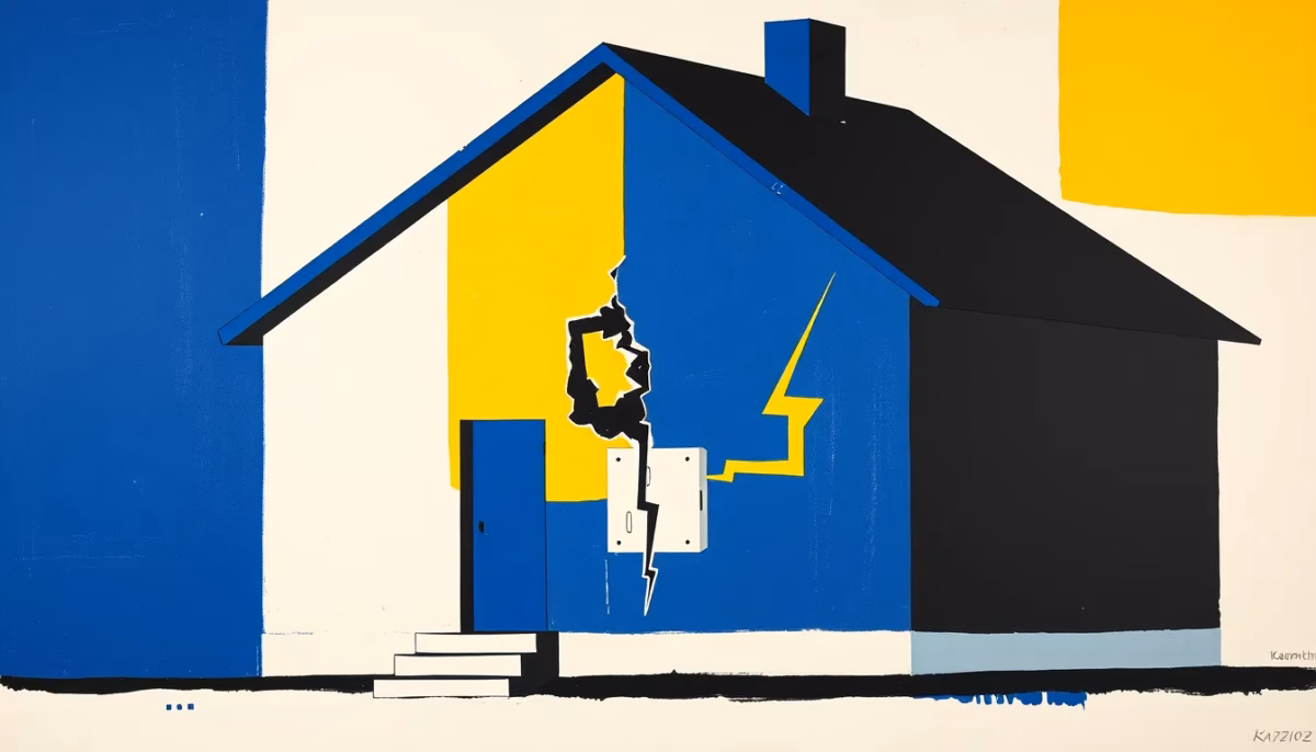 Suprematist abstract painting by Kazimir Malevich depicting a house with a broken electrical panel and a lightning bolt. Minimalist composition with bold navy blue and vibrant yellow geometric shapes on a stark white background. Flat textures, sharp edges, avant-garde electrical concept, no humans, no text.