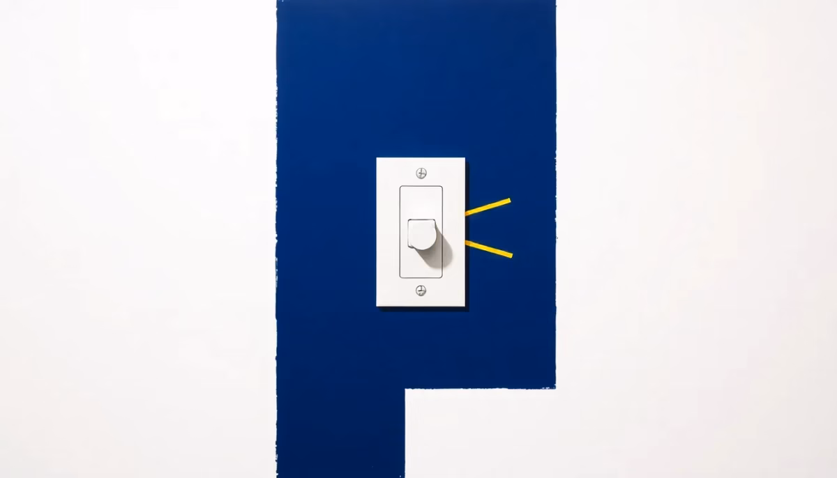 Suprematist abstract painting by Kazimir Malevich featuring a modern wall-mounted dimmer switch with soft light rays emanating from it. Minimalist composition of bold navy blue and vibrant yellow geometric shapes on a stark white background. Flat textures, sharp edges, avant-garde electrical concept. no humans, no text.
