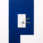 Suprematist abstract painting by Kazimir Malevich featuring a modern wall-mounted dimmer switch with soft light rays emanating from it. Minimalist composition of bold navy blue and vibrant yellow geometric shapes on a stark white background. Flat textures, sharp edges, avant-garde electrical concept. no humans, no text.