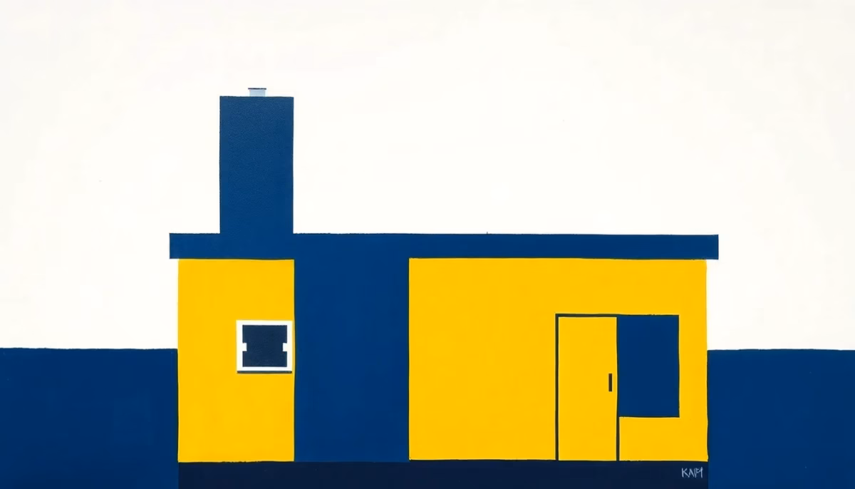 Suprematist abstract painting inspired by Kazimir Malevich showing a house protected by a ventilation system against moisture. Minimalist composition of bold navy blue and vibrant yellow geometric shapes on a stark white background, with stylized airflow streams carrying humidity droplets away from the walls. Flat textures, sharp edges, avant-garde electrical concept. No humans, no text.