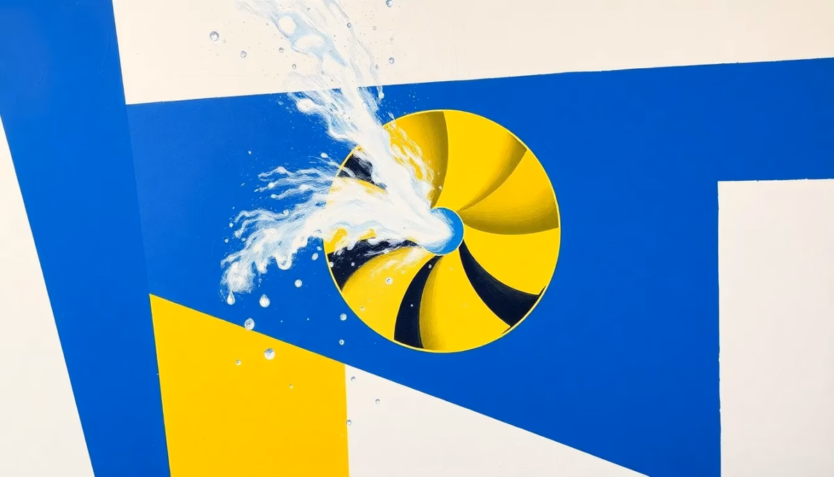 Suprematist abstract painting inspired by Kazimir Malevich featuring a modern bathroom ventilation extractor fan with rising steam and water droplets. Minimalist composition of bold navy blue and vibrant yellow geometric shapes on a stark white background. Flat textures, sharp edges, avant-garde electrical concept, no humans, no text.