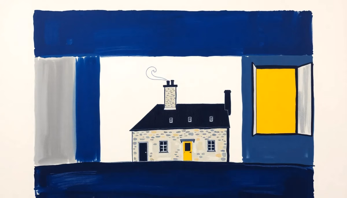 Suprematist abstract painting in the style of Kazimir Malevich featuring an old French stone farmhouse with a tall brick chimney and swirling airflow currents flowing between two open windows. Minimalist composition of bold navy blue and vibrant yellow geometric shapes on a stark white background. Flat textures, sharp edges, avant-garde ventilation concept. No humans, no text.