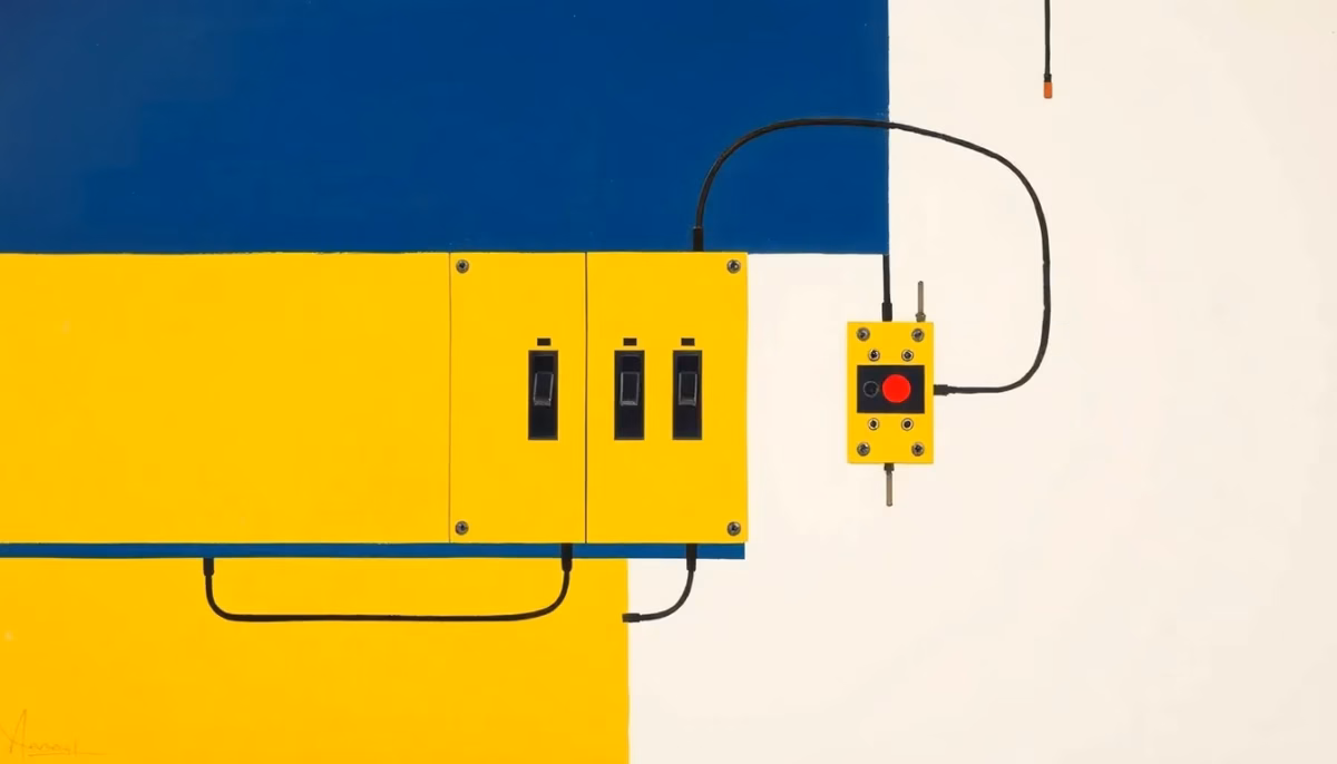 Suprematist abstract painting by Kazimir Malevich featuring a stylized electrical panel with abstract circuit breakers and wires. Minimalist composition of bold navy blue and vibrant yellow geometric shapes on a stark white background. Flat textures, sharp edges, avant-garde electrical concept. ##no humans##, ##no text##.