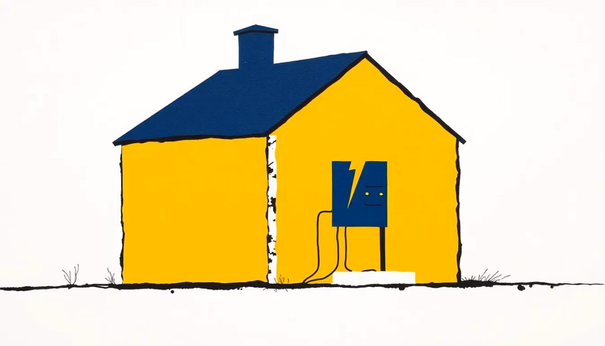 Suprematist abstract painting in the style of Kazimir Malevich depicting a countryside stone house with an electrical circuit breaker panel, wiring lines and a lightning bolt. Minimalist composition of bold navy blue and vibrant yellow geometric shapes on a stark white background. Flat textures, sharp edges, avant-garde electrical concept. No humans, no text overlay.
