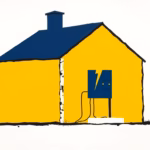 Suprematist abstract painting in the style of Kazimir Malevich depicting a countryside stone house with an electrical circuit breaker panel, wiring lines and a lightning bolt. Minimalist composition of bold navy blue and vibrant yellow geometric shapes on a stark white background. Flat textures, sharp edges, avant-garde electrical concept. No humans, no text overlay.
