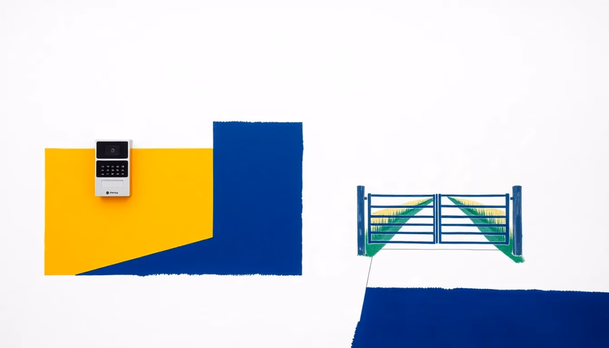 Suprematist abstract painting in the style of Kazimir Malevich featuring a video intercom door panel next to a rural gate at the end of a long driveway. Minimalist composition of bold navy blue and vibrant yellow geometric shapes on a stark white background. Flat textures, sharp edges, avant-garde electrical concept. No humans, no text overlay.