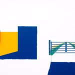 Suprematist abstract painting in the style of Kazimir Malevich featuring a video intercom door panel next to a rural gate at the end of a long driveway. Minimalist composition of bold navy blue and vibrant yellow geometric shapes on a stark white background. Flat textures, sharp edges, avant-garde electrical concept. No humans, no text overlay.