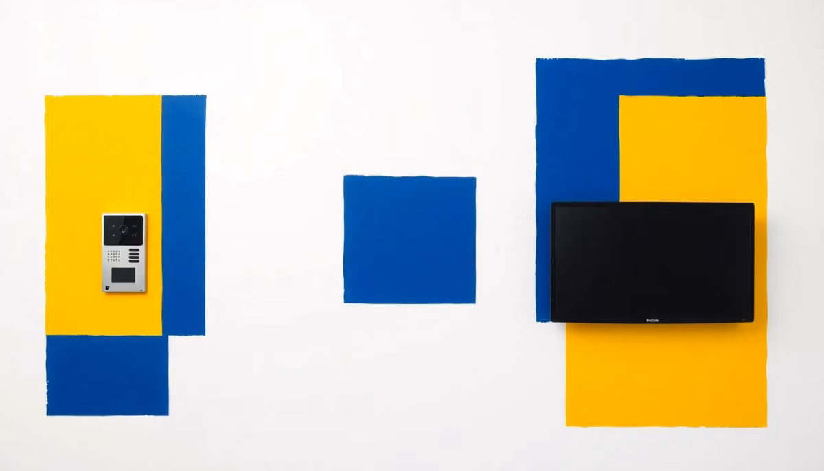Suprematist abstract painting inspired by Kazimir Malevich featuring a video door intercom street panel with camera and an indoor monitor screen. Minimalist composition of bold navy blue and vibrant yellow geometric shapes on a stark white background. Flat textures, sharp edges, avant-garde electrical access control concept. No humans, no text.