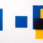 Suprematist abstract painting inspired by Kazimir Malevich featuring a video door intercom street panel with camera and an indoor monitor screen. Minimalist composition of bold navy blue and vibrant yellow geometric shapes on a stark white background. Flat textures, sharp edges, avant-garde electrical access control concept. No humans, no text.
