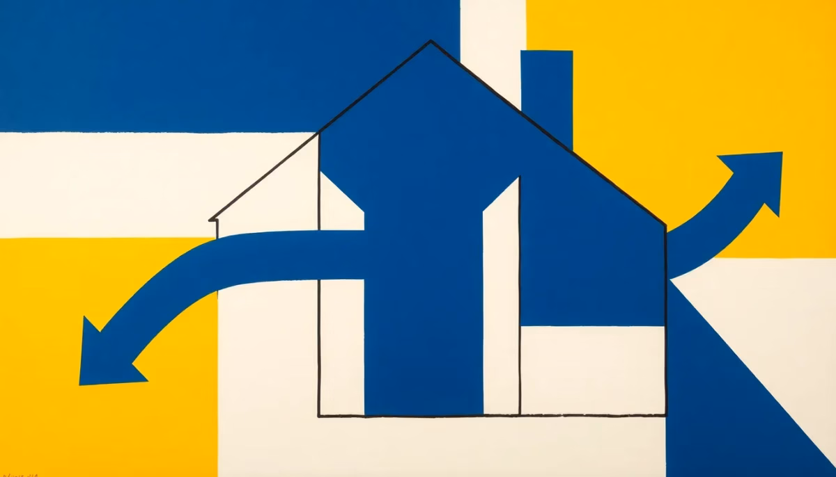 Suprematist abstract painting by Kazimir Malevich featuring a symbolic house cross-section with air circulation arrows and a central ventilation shaft. Minimalist composition of bold navy blue and vibrant yellow geometric shapes on a stark white background. Flat textures, sharp edges, avant-garde electrical concept. No humans, no text.