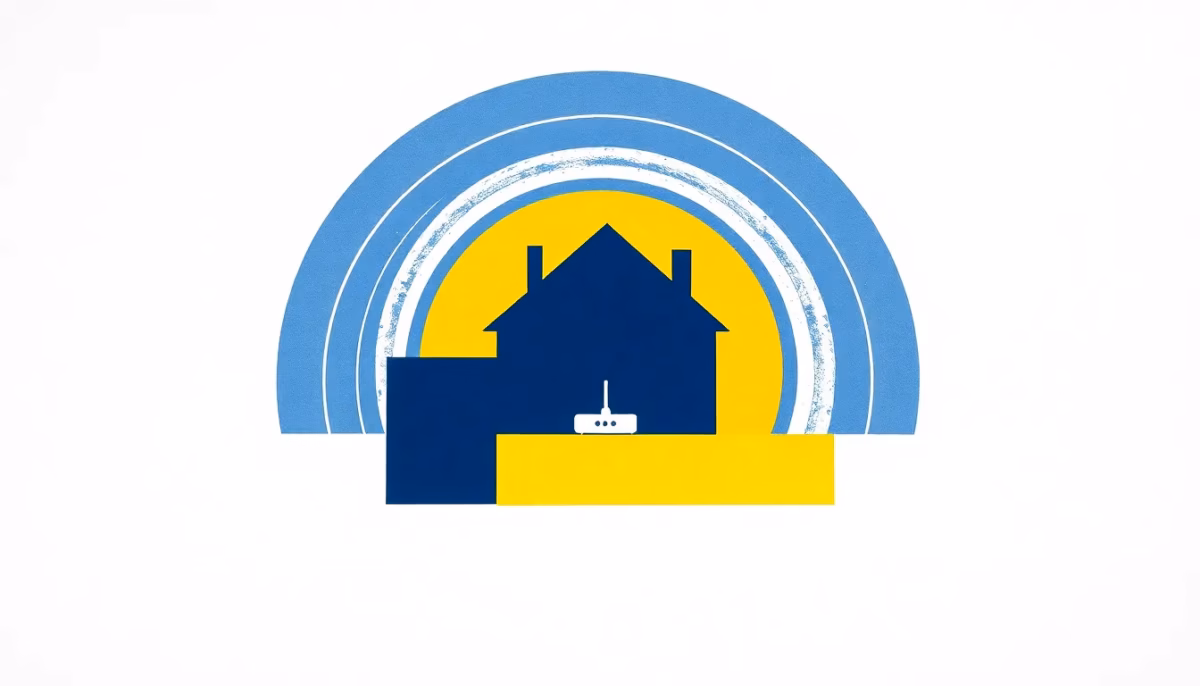 Suprematist abstract painting by Kazimir Malevich featuring a minimalist house silhouette with concentric signal waves radiating from a central router. Minimalist composition of bold navy blue and vibrant yellow geometric shapes on a stark white background. Flat textures, sharp edges, avant-garde electrical concept. ##no humans##, ##no text##.