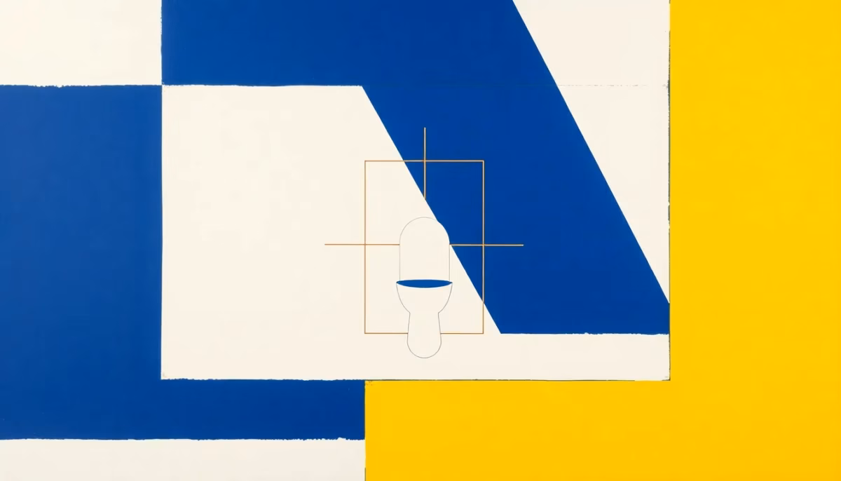 Suprematist abstract painting by Kazimir Malevich featuring a bathroom safety zone diagram. Minimalist composition of bold navy blue and vibrant yellow geometric shapes on a stark white background. Flat textures, sharp edges, avant-garde electrical concept. ##no humans##, ##no text##.