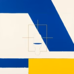 Suprematist abstract painting by Kazimir Malevich featuring a bathroom safety zone diagram. Minimalist composition of bold navy blue and vibrant yellow geometric shapes on a stark white background. Flat textures, sharp edges, avant-garde electrical concept. ##no humans##, ##no text##.