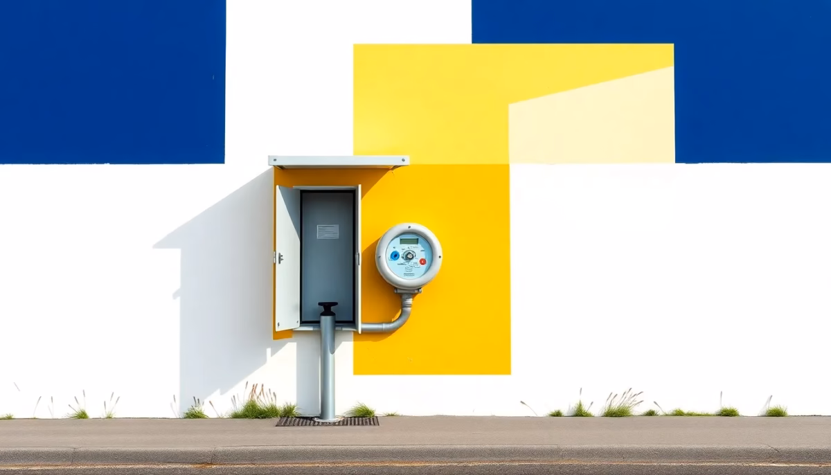 Suprematist abstract painting in the style of Kazimir Malevich featuring an outdoor water meter protected inside a small insulated shelter box beside a rural road. Minimalist composition of bold navy blue and vibrant yellow geometric shapes on a stark white background. Flat textures, sharp edges, avant-garde aesthetic. No humans, no text.