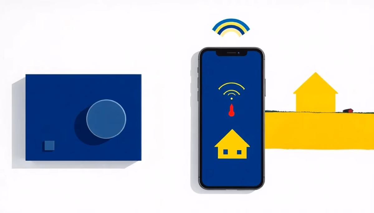 Suprematist abstract painting in the style of Kazimir Malevich featuring a minimalist alarm control panel, a smartphone emitting an alert signal and the silhouette of a rural house. Minimalist composition of bold navy blue and vibrant yellow geometric shapes on a stark white background. Flat textures, sharp edges, avant-garde connected home security concept. No humans, no text overlay.