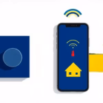 Suprematist abstract painting in the style of Kazimir Malevich featuring a minimalist alarm control panel, a smartphone emitting an alert signal and the silhouette of a rural house. Minimalist composition of bold navy blue and vibrant yellow geometric shapes on a stark white background. Flat textures, sharp edges, avant-garde connected home security concept. No humans, no text overlay.