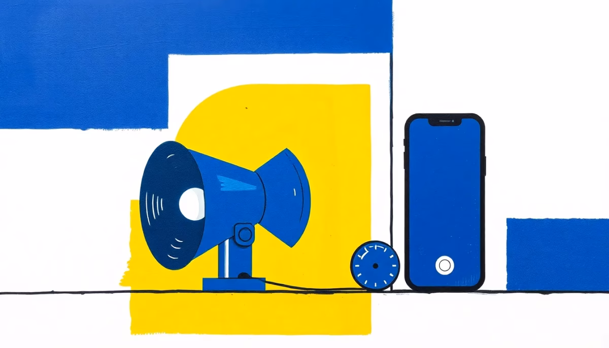 Suprematist abstract painting in the style of Kazimir Malevich featuring a home security alarm siren, wireless door and window sensors, and a smartphone displaying an alert notification. Minimalist composition of bold navy blue and vibrant yellow geometric shapes on a stark white background. Flat textures, sharp edges, avant-garde home security concept. No humans, no text, no text overlay.