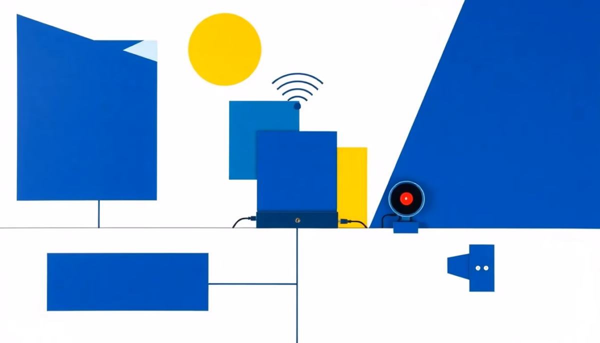 Suprematist abstract painting in the style of Kazimir Malevich featuring a minimalist wireless home alarm system: a central hub unit with a SIM module, radiating radio waves and a bold siren. Minimalist composition of bold navy blue and vibrant yellow geometric shapes on a stark white background. Flat textures, sharp edges, avant-garde electrical concept, no humans, no text.
